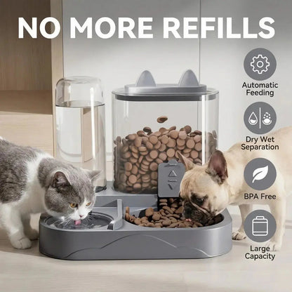2-in-1 Automatic Cat Feeder and Water Dispenser with Gravity Feeding Station, BPA-Free, Dry-Wet Separation, Auto Dog Water Bowl for Indoor Pets, Travel-Friendly Design