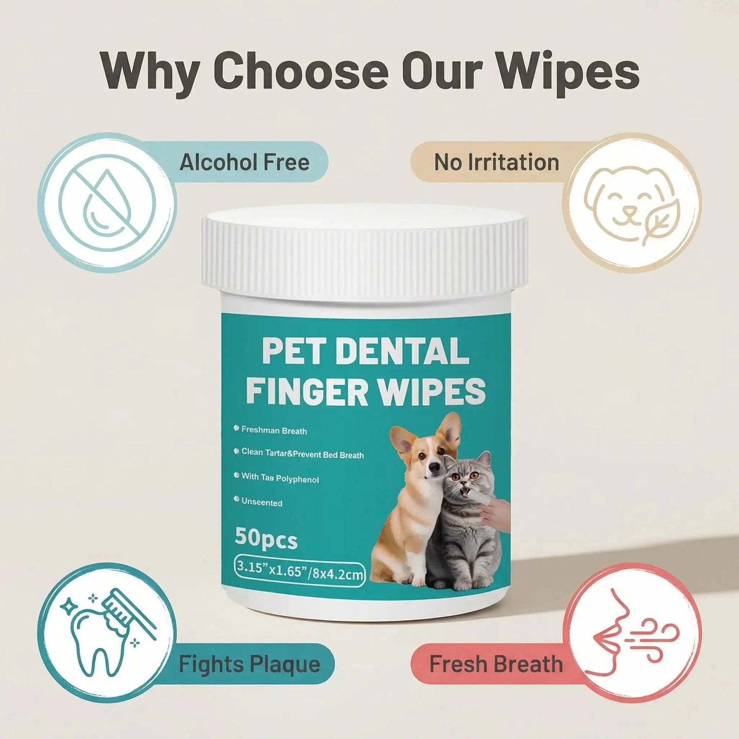 Happy Pup Life Pet Dental Cleaning Finger Wipes for Dogs and Cats – No-Rinse Finger Toothbrush Set – 50-Count Ear Cleaning and Grooming Kit – Soft, Disposable Wipes with Gentle and Safe Formula – Portable Travel Pack