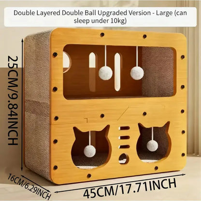 Indoor and Outdoor Cat House, Spacious Multi-Functional Condo with Dual Scratch Pads, Plush Balls, Ventilated Door, Durable Plywood and Kraft Paper Shelter, Perfect for Cats