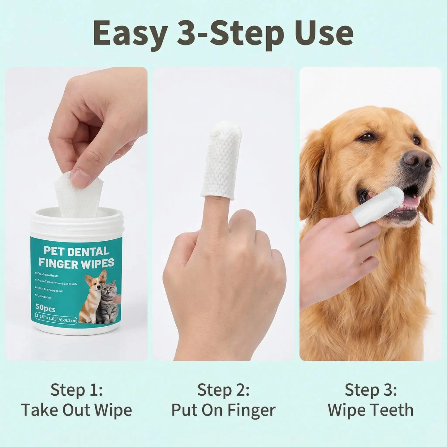 Happy Pup Life Pet Dental Cleaning Finger Wipes for Dogs and Cats – No-Rinse Finger Toothbrush Set – 50-Count Ear Cleaning and Grooming Kit – Soft, Disposable Wipes with Gentle and Safe Formula – Portable Travel Pack