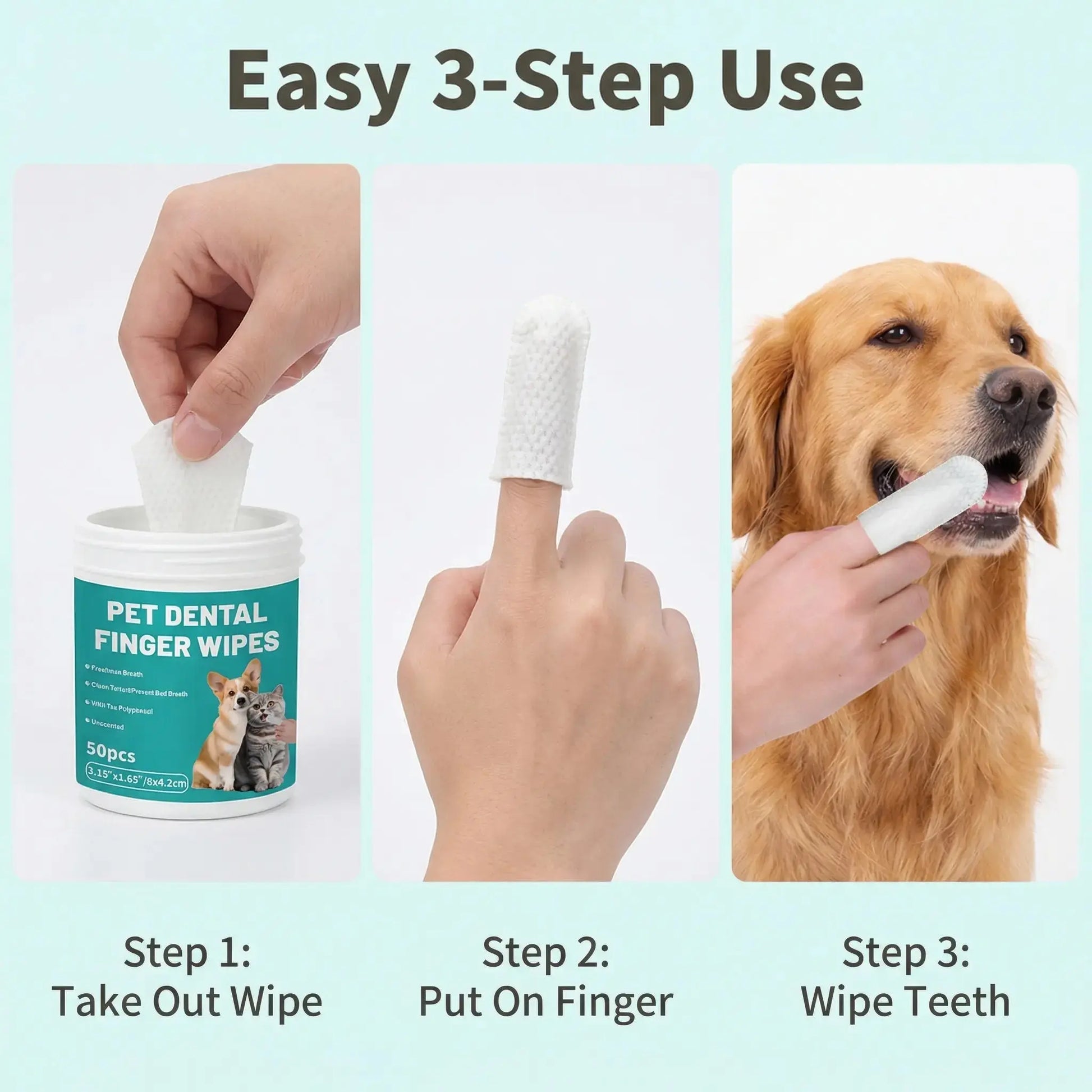 Happy Pup Life Pet Dental Cleaning Finger Wipes for Dogs and Cats – No-Rinse Finger Toothbrush Set – 50-Count Ear Cleaning and Grooming Kit – Soft, Disposable Wipes with Gentle and Safe Formula – Portable Travel Pack