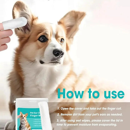 Ear Cleaning Wipes for Dogs and Cats - Comfortable Finger Design for Gentle Removal of Ear Wax, Debris, and Dirt | 50-Count Pack