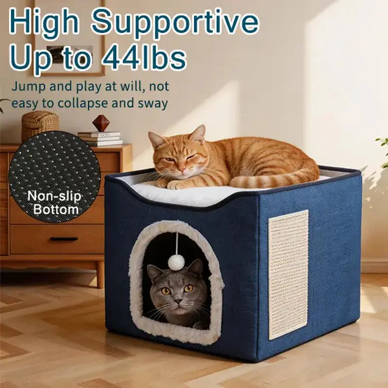 Indoor Cat House - Spacious Cat Bed Cave with Scratch Pad and Fluffy Ball, Foldable Cat Condo Hideaway with Reversible Cushion, Suitable for All Seasons and Multiple Small Pets, Dark Ivory Design