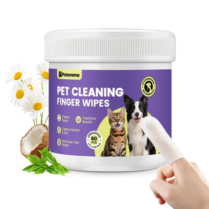 Potaroma Pet Finger Wipes for Dogs and Cats - No Rinse Finger Toothbrush Kit - 60 Count Ear Cleaning and Grooming Wipes - Gentle and Safe Formula - Portable Travel Size