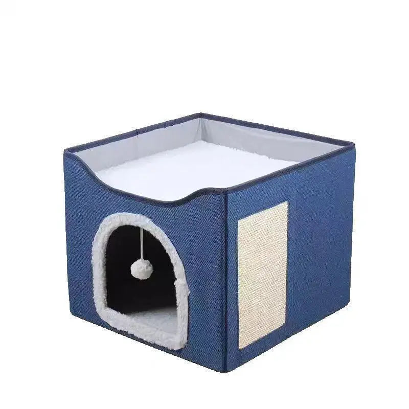 Indoor Cat House - Spacious Cat Bed Cave with Scratch Pad and Fluffy Ball, Foldable Cat Condo Hideaway with Reversible Cushion, Suitable for All Seasons and Multiple Small Pets, Dark Ivory Design