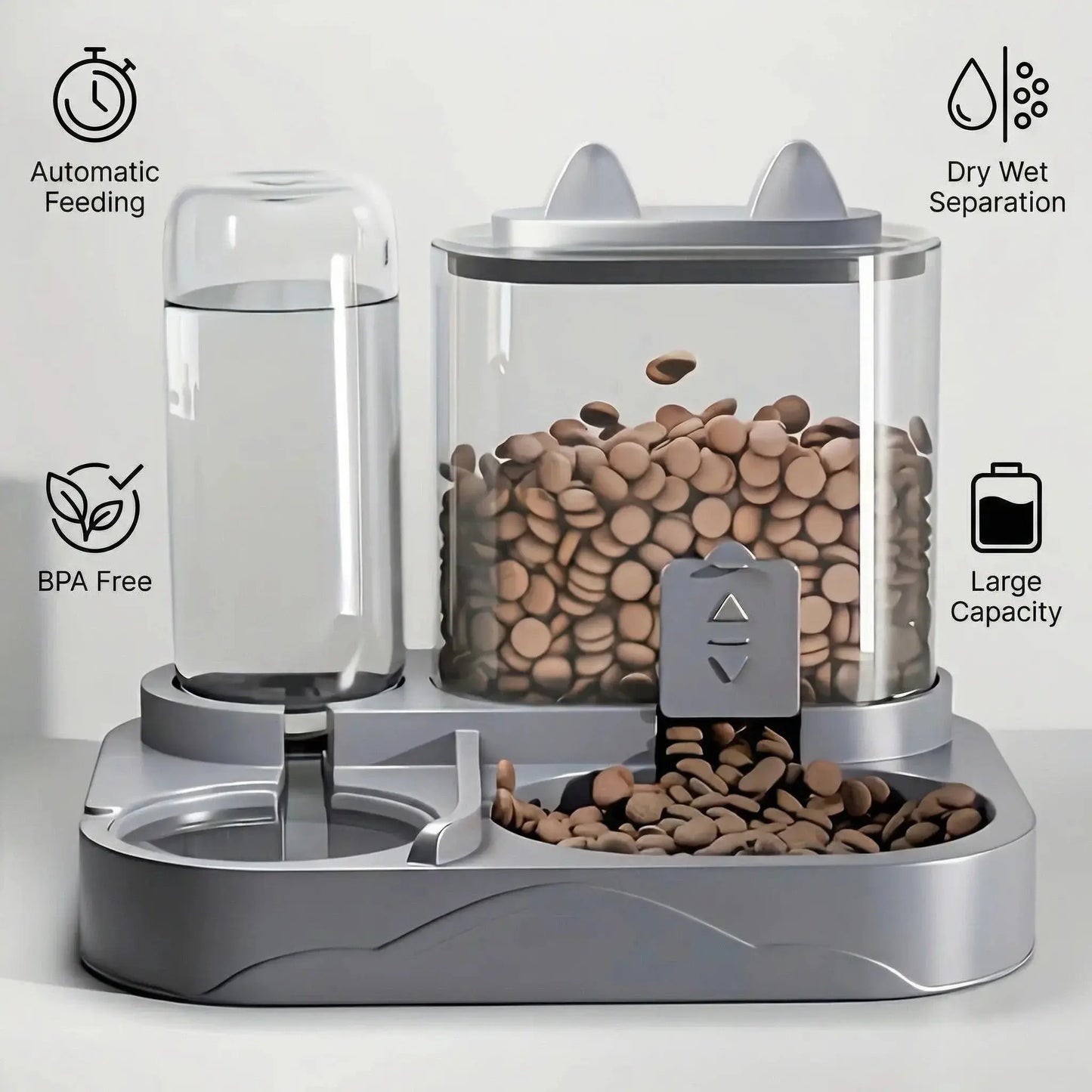 2-in-1 Automatic Cat Feeder and Water Dispenser with Gravity Feeding Station, BPA-Free, Dry-Wet Separation, Auto Dog Water Bowl for Indoor Pets, Travel-Friendly Design