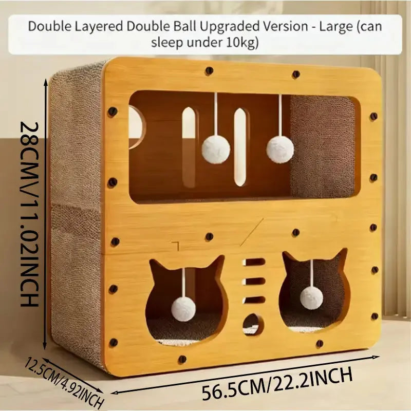 Indoor and Outdoor Cat House, Spacious Multi-Functional Condo with Dual Scratch Pads, Plush Balls, Ventilated Door, Durable Plywood and Kraft Paper Shelter, Perfect for Cats