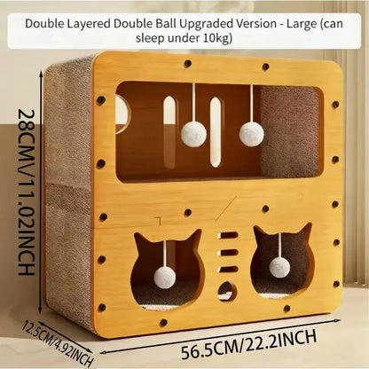 Indoor and Outdoor Cat House, Spacious Multi-Functional Condo with Dual Scratch Pads, Plush Balls, Ventilated Door, Durable Plywood and Kraft Paper Shelter, Perfect for Cats
