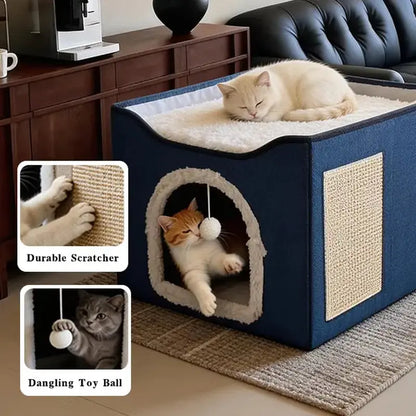 Indoor Cat House - Spacious Cat Bed Cave with Scratch Pad and Fluffy Ball, Foldable Cat Condo Hideaway with Reversible Cushion, Suitable for All Seasons and Multiple Small Pets, Dark Ivory Design