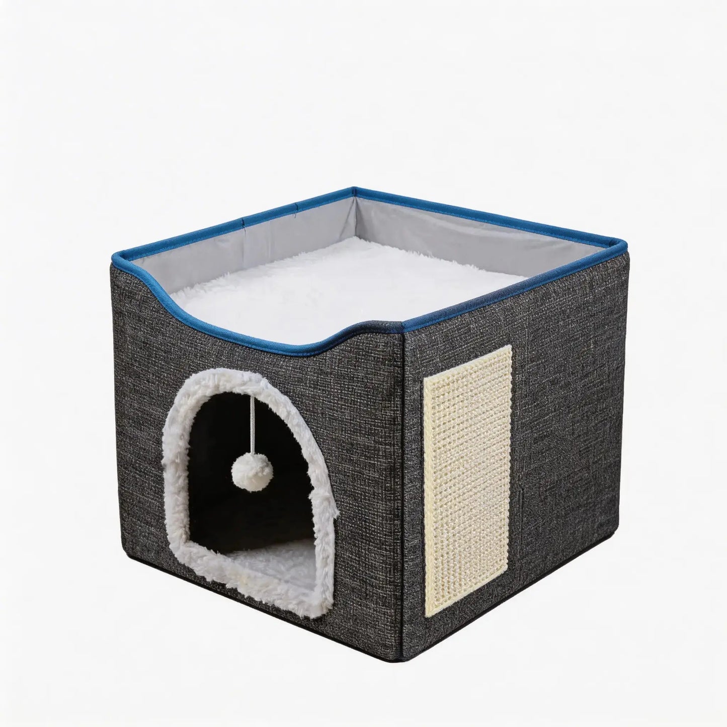 Indoor Cat House - Spacious Cat Bed Cave with Scratch Pad and Fluffy Ball, Foldable Cat Condo Hideaway with Reversible Cushion, Suitable for All Seasons and Multiple Small Pets, Dark Ivory Design