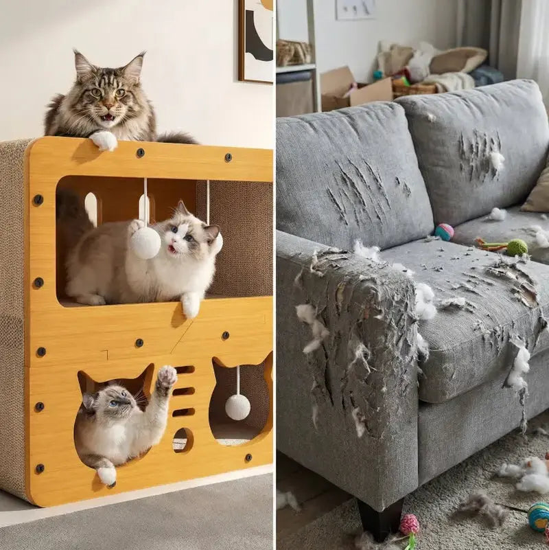Indoor and Outdoor Cat House, Spacious Multi-Functional Condo with Dual Scratch Pads, Plush Balls, Ventilated Door, Durable Plywood and Kraft Paper Shelter, Perfect for Cats