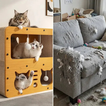 Indoor and Outdoor Cat House, Spacious Multi-Functional Condo with Dual Scratch Pads, Plush Balls, Ventilated Door, Durable Plywood and Kraft Paper Shelter, Perfect for Cats