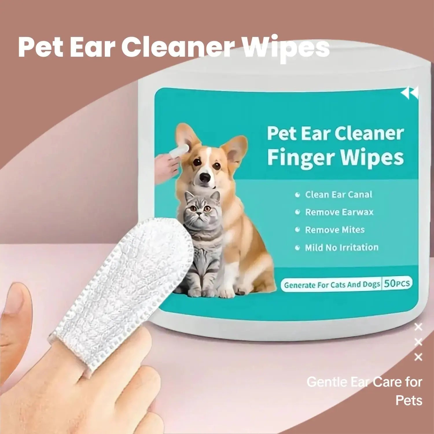 Ear Cleaning Wipes for Dogs and Cats - Comfortable Finger Design for Gentle Removal of Ear Wax, Debris, and Dirt | 50-Count Pack