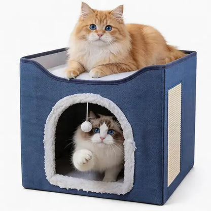 Indoor Cat House - Spacious Cat Bed Cave with Scratch Pad and Fluffy Ball, Foldable Cat Condo Hideaway with Reversible Cushion, Suitable for All Seasons and Multiple Small Pets, Dark Ivory Design