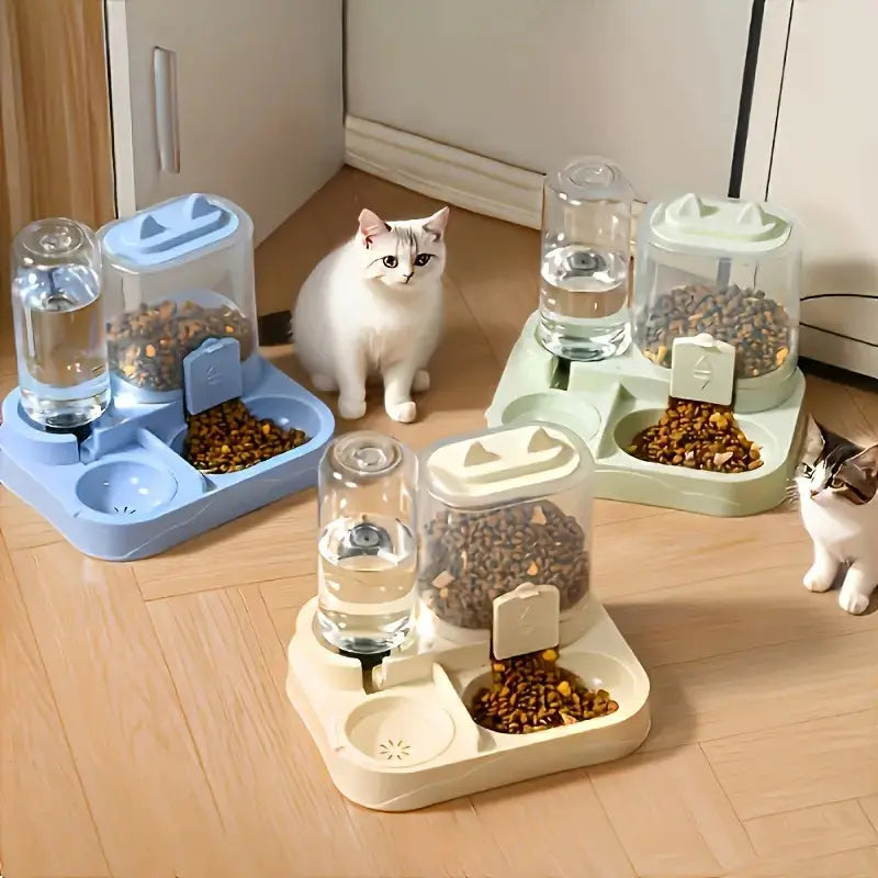 2-in-1 Automatic Cat Feeder and Water Dispenser with Gravity Feeding Station, BPA-Free, Dry-Wet Separation, Auto Dog Water Bowl for Indoor Pets, Travel-Friendly Design