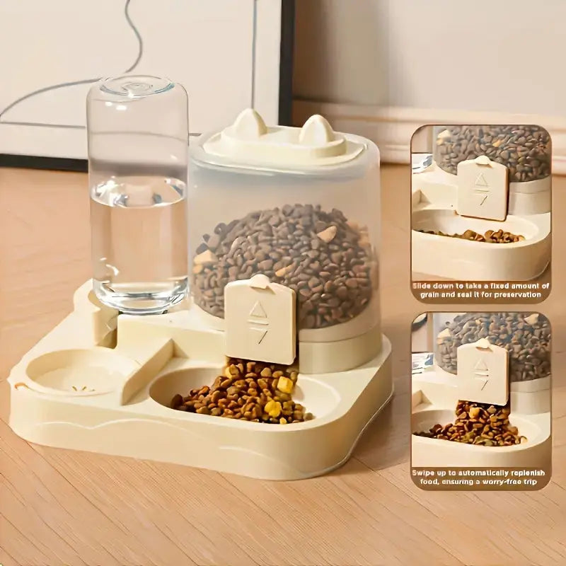 2-in-1 Automatic Cat Feeder and Water Dispenser with Gravity Feeding Station, BPA-Free, Dry-Wet Separation, Auto Dog Water Bowl for Indoor Pets, Travel-Friendly Design