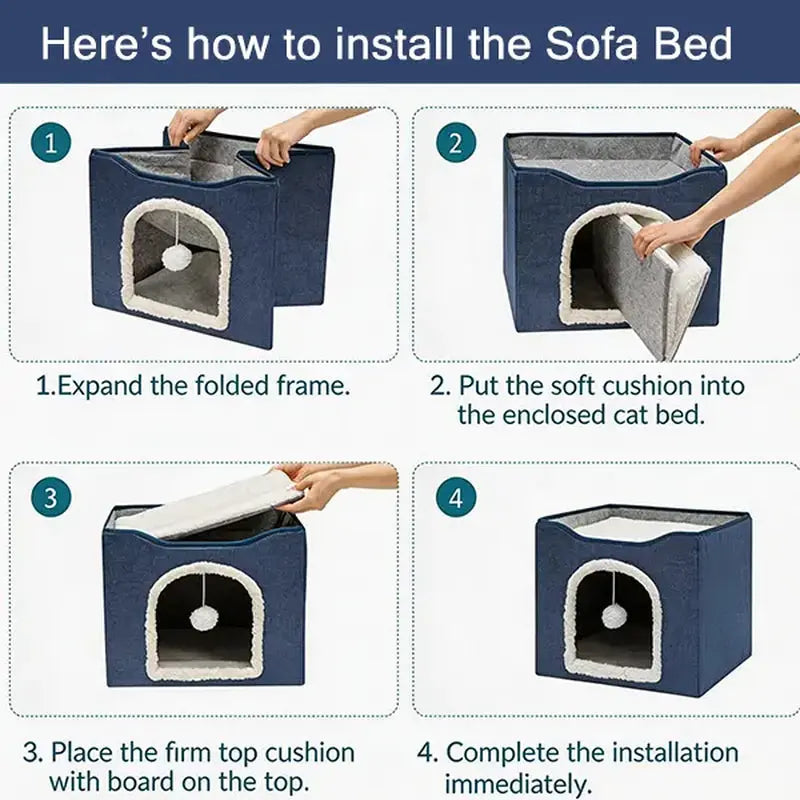 Indoor Cat House - Spacious Cat Bed Cave with Scratch Pad and Fluffy Ball, Foldable Cat Condo Hideaway with Reversible Cushion, Suitable for All Seasons and Multiple Small Pets, Dark Ivory Design