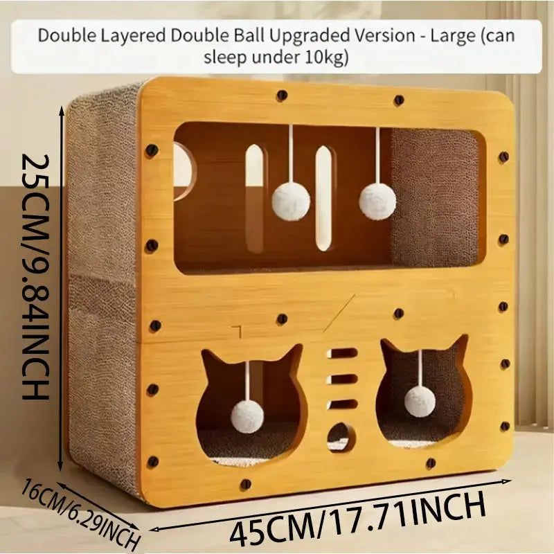 Indoor and Outdoor Cat House, Spacious Multi-Functional Condo with Dual Scratch Pads, Plush Balls, Ventilated Door, Durable Plywood and Kraft Paper Shelter, Perfect for Cats