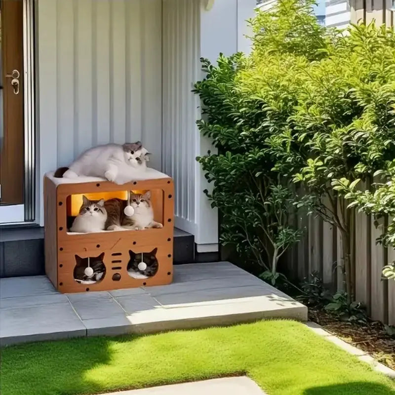 Indoor and Outdoor Cat House, Spacious Multi-Functional Condo with Dual Scratch Pads, Plush Balls, Ventilated Door, Durable Plywood and Kraft Paper Shelter, Perfect for Cats