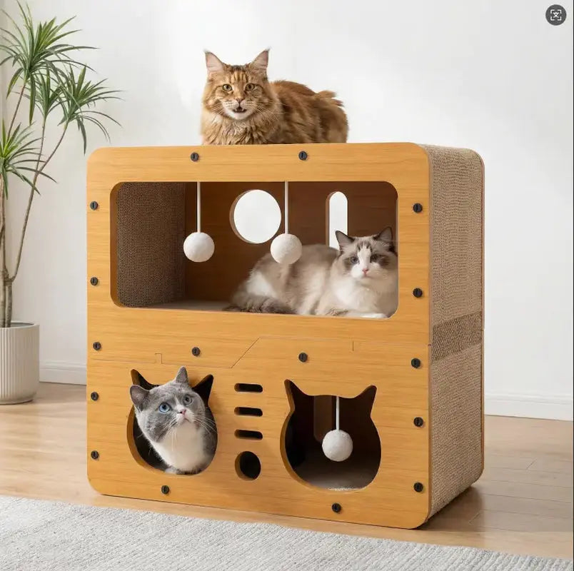 Indoor and Outdoor Cat House, Spacious Multi-Functional Condo with Dual Scratch Pads, Plush Balls, Ventilated Door, Durable Plywood and Kraft Paper Shelter, Perfect for Cats