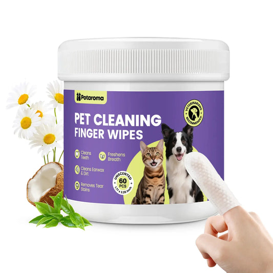 Potaroma Pet Finger Wipes for Dogs and Cats - No Rinse Finger Toothbrush Kit - 60 Count Ear Cleaning and Grooming Wipes - Gentle and Safe Formula - Portable Travel Size