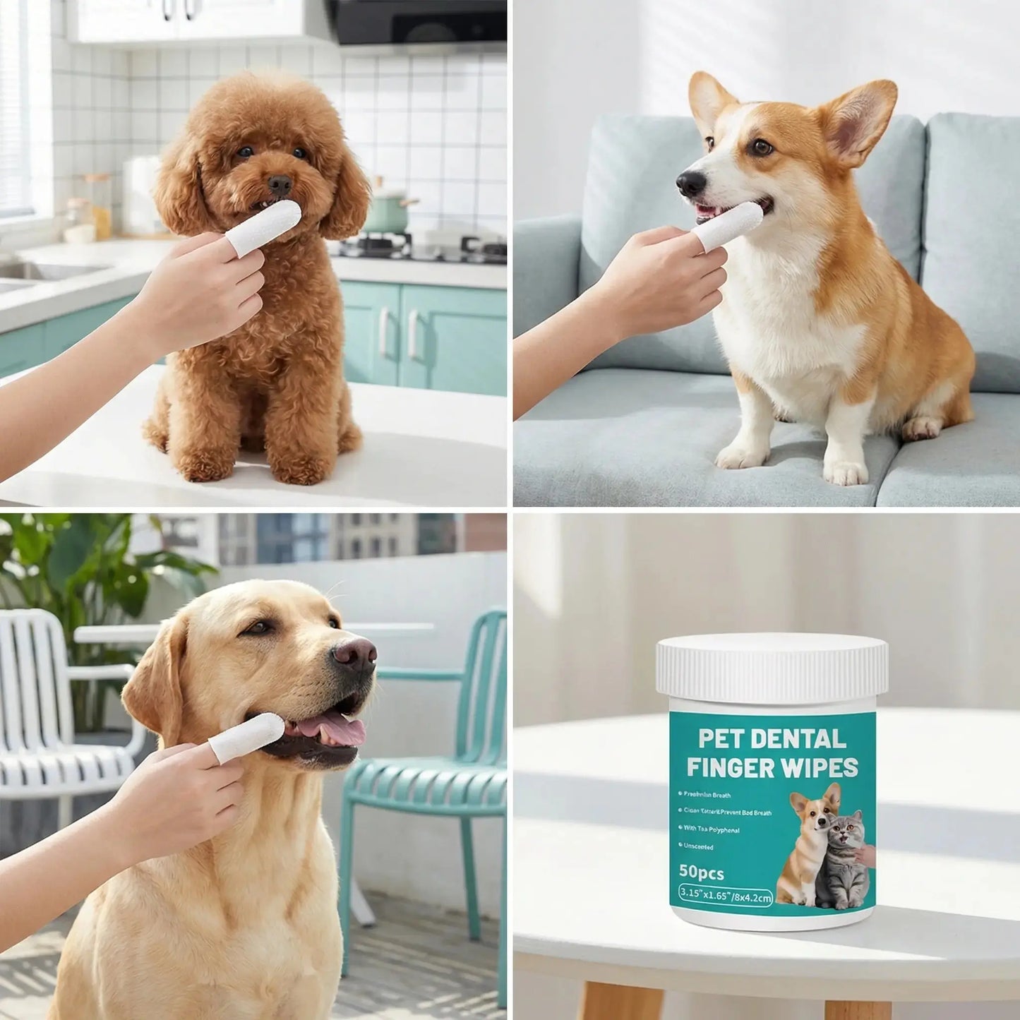 Happy Pup Life Pet Dental Cleaning Finger Wipes for Dogs and Cats – No-Rinse Finger Toothbrush Set – 50-Count Ear Cleaning and Grooming Kit – Soft, Disposable Wipes with Gentle and Safe Formula – Portable Travel Pack