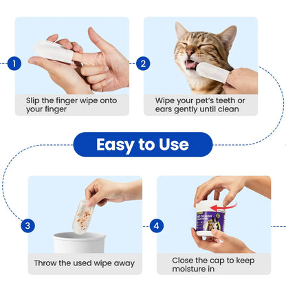 Potaroma Pet Finger Wipes for Dogs and Cats - No Rinse Finger Toothbrush Kit - 60 Count Ear Cleaning and Grooming Wipes - Gentle and Safe Formula - Portable Travel Size