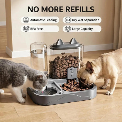 2-in-1 Automatic Cat Feeder and Water Dispenser with Gravity Feeding Station, BPA-Free, Dry-Wet Separation, Auto Dog Water Bowl for Indoor Pets, Travel-Friendly Design